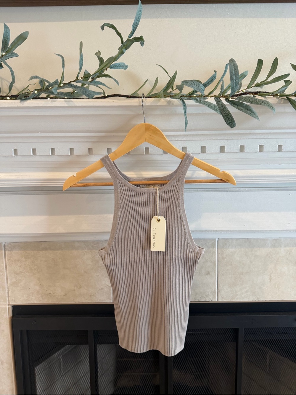 By Together Taupe Ribbed High-Neck Tank Top